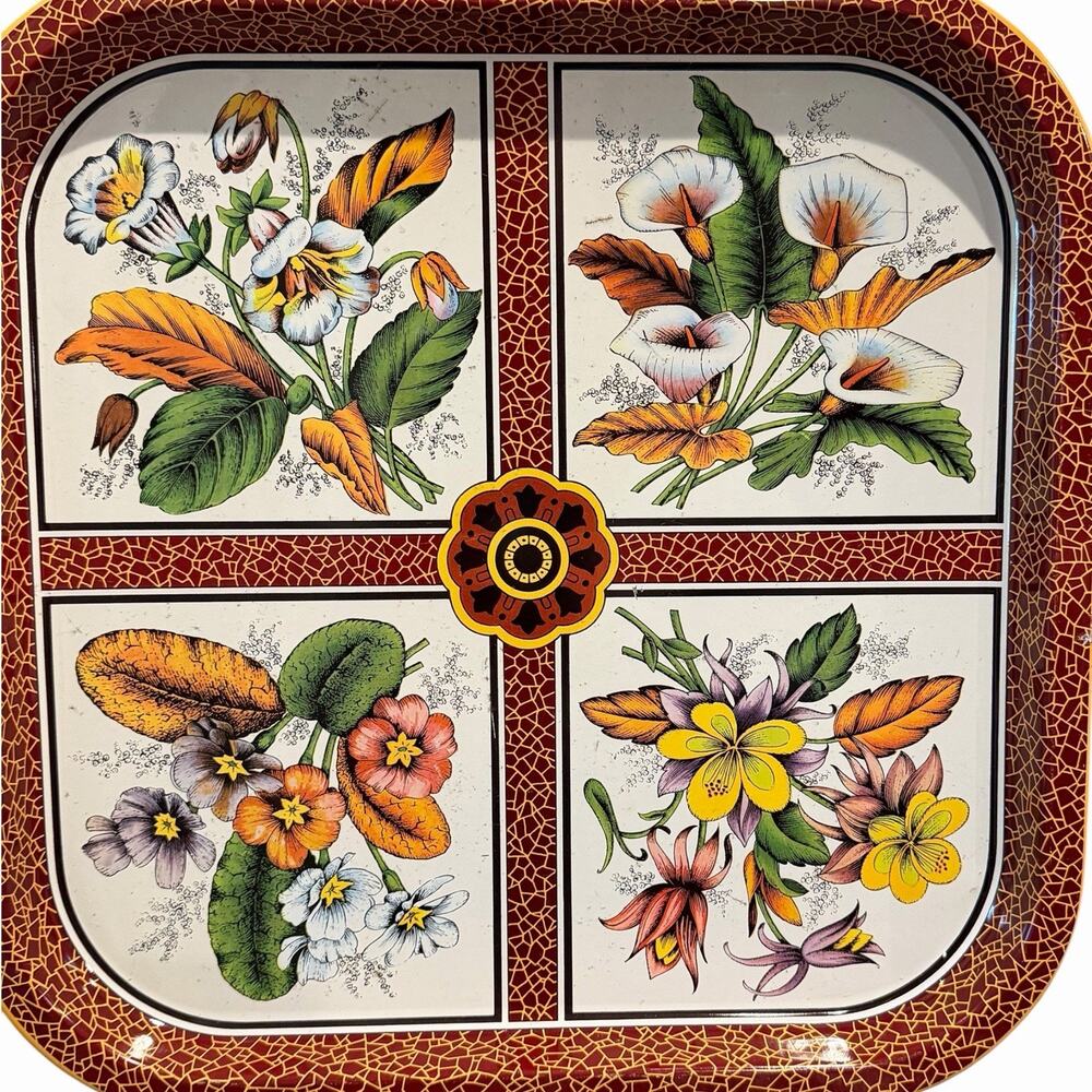 Daher Decorated Ware Floral Tin 13" Square Serving Tray Yellow Orange 1970s